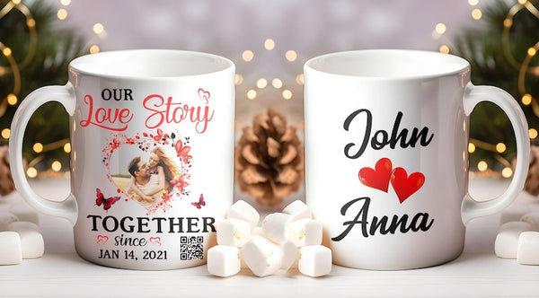Love Story QR Mug Personalized Photo Cup Romantic Couple Gift